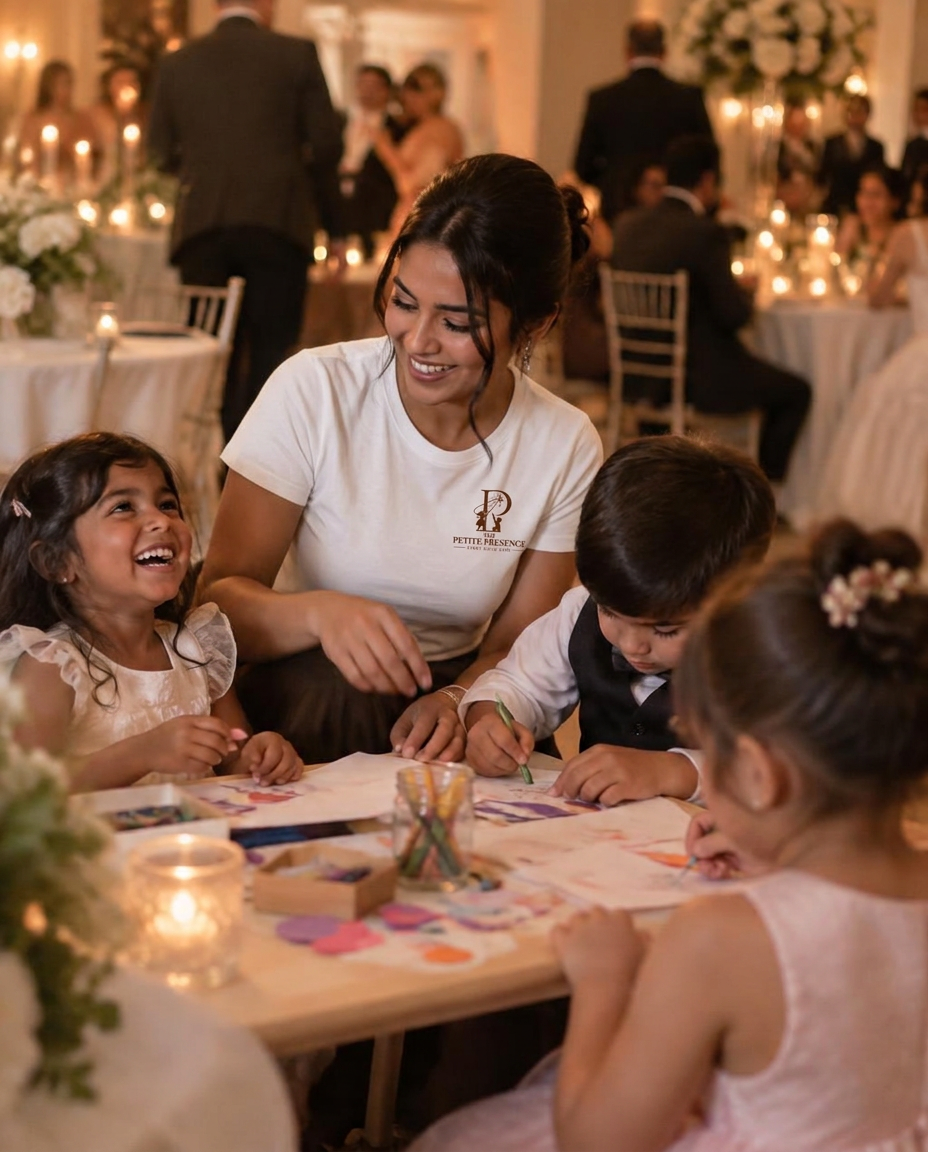 A Petite Presence caregiver doing crafts with children at a wedding reception